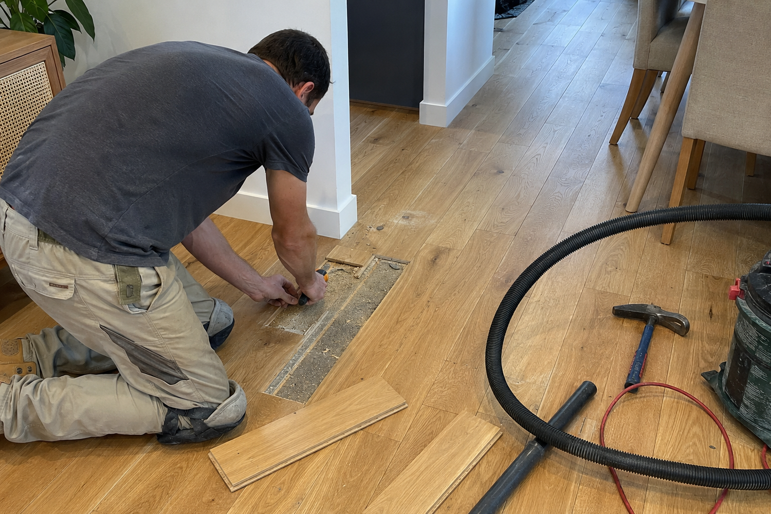 Flooring technician repairing damaged engineered timber boards in Melbourne
